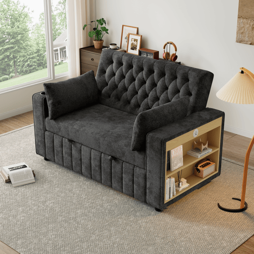 Sofá-cama multifuncional de 3 lugares - com arrumação, função cama, porta-copos, USB e almofadas - Cinza