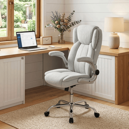 HOMCOM Cadeira de Escritório Apoios de Braços Rebatíveis Assento com Molas Altura Ajustável Função Basculante e Estofada em Veludo 68x69x118 cm Creme