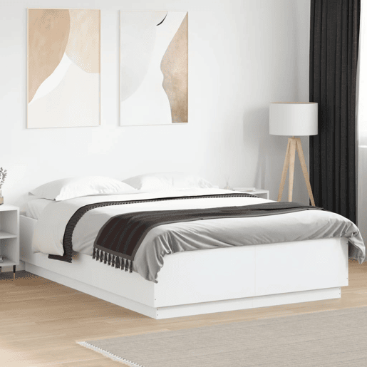 Estrutura De Cama De Casal c luzes LED - 150x200 cm derivados madeira branco