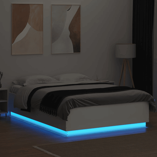 Estrutura De Cama De Casal c luzes LED - 150x200 cm derivados madeira branco