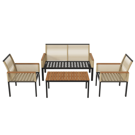 Conjunto de jardim de 4 peças - Sofá duplo, 2 cadeiras e mesa, Rattan, Bege