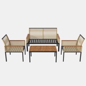 Conjunto de jardim de 4 peças - Sofá duplo, 2 cadeiras e mesa, Rattan, Bege
