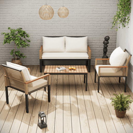 Conjunto de jardim de 4 peças - Sofá duplo, 2 cadeiras e mesa, Rattan, Bege