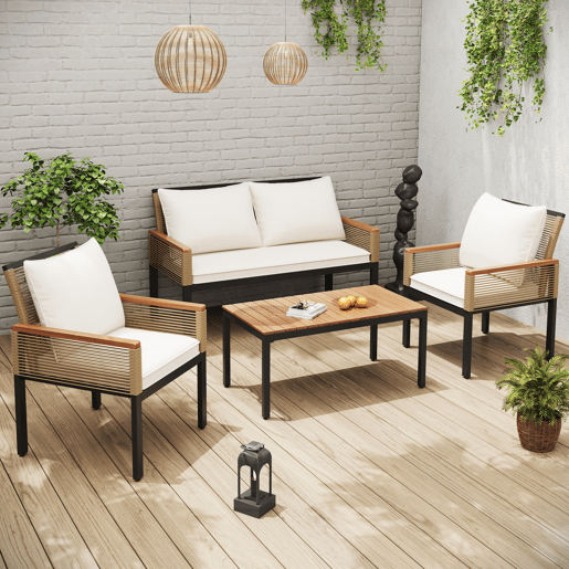 Conjunto de jardim de 4 peças - Sofá duplo, 2 cadeiras e mesa, Rattan, Bege