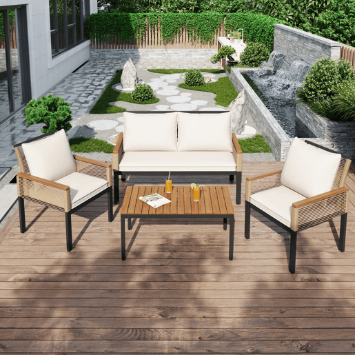 Conjunto de jardim de 4 peças - Sofá duplo, 2 cadeiras e mesa, Rattan, Bege