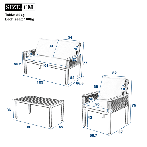 Conjunto de jardim de 4 peças - Sofá duplo, 2 cadeiras e mesa, Rattan, Bege