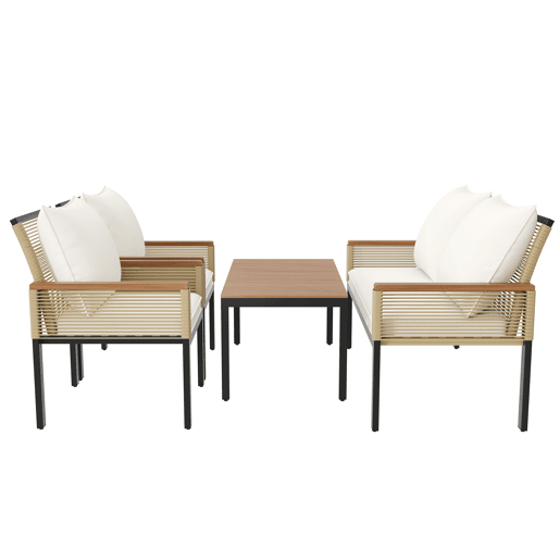 Conjunto de jardim de 4 peças - Sofá duplo, 2 cadeiras e mesa, Rattan, Bege
