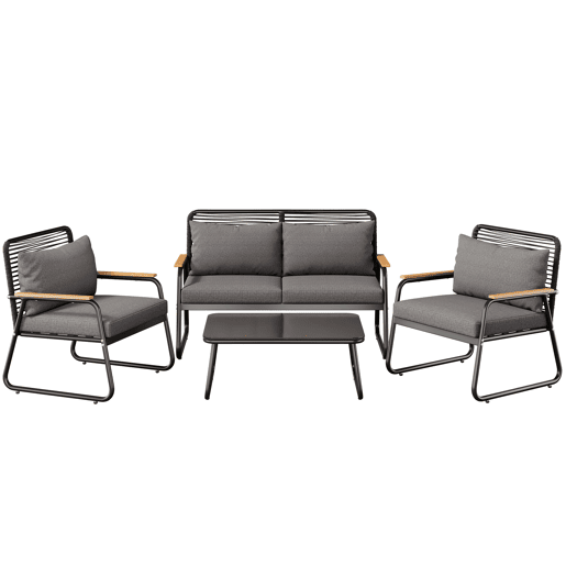 Conjunto de lounge de jardim para 4 pessoas - Estrutura metálica, mesa de vidro temperado, almofadas incluídas - Preto