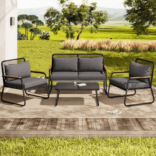 Conjunto de lounge de jardim para 4 pessoas - Estrutura metálica, mesa de vidro temperado, almofadas incluídas - Preto