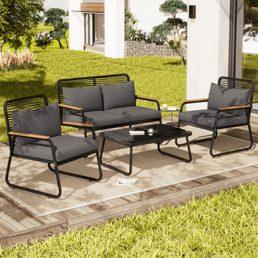 Conjunto de lounge de jardim para 4 pessoas - Estrutura metálica, mesa de vidro temperado, almofadas incluídas - Preto