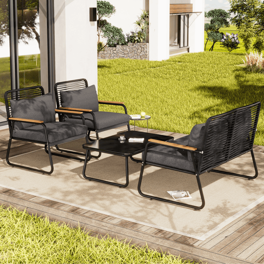 Conjunto de lounge de jardim para 4 pessoas - Estrutura metálica, mesa de vidro temperado, almofadas incluídas - Preto