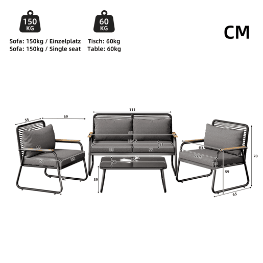 Conjunto de lounge de jardim para 4 pessoas - Estrutura metálica, mesa de vidro temperado, almofadas incluídas - Preto