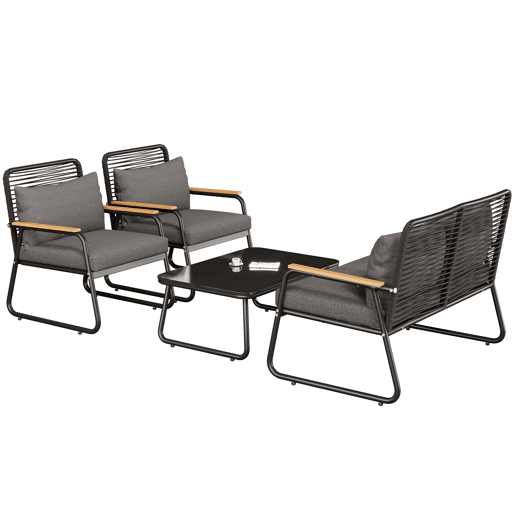 Conjunto de lounge de jardim para 4 pessoas - Estrutura metálica, mesa de vidro temperado, almofadas incluídas - Preto