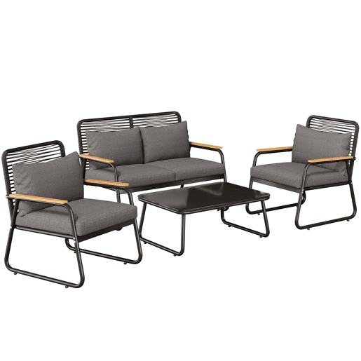 Conjunto de lounge de jardim para 4 pessoas - Estrutura metálica, mesa de vidro temperado, almofadas incluídas - Preto