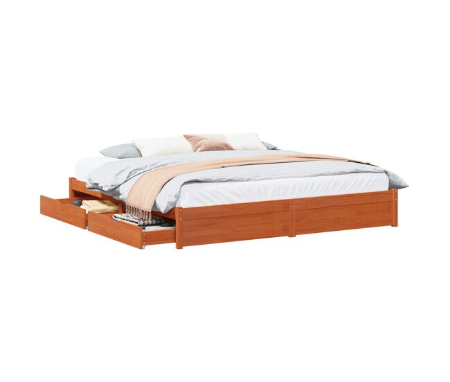 Estructura de cama doble matrimonial con cajón marrón cera 200 x 200 cm