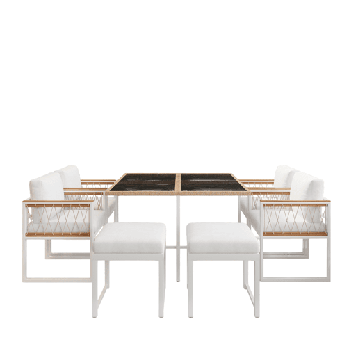 Conjunto de sala de jantar exterior de 7 peças - Mesa de vidro temperado com rebordo em rattan PE, tampo em acácia, para 6 pessoas - Natural+Branco
