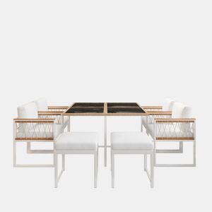 Conjunto de sala de jantar exterior de 7 peças - Mesa de vidro temperado com rebordo em rattan PE, tampo em acácia, para 6 pessoas - Natural+Branco