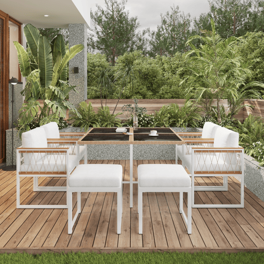 Conjunto de sala de jantar exterior de 7 peças - Mesa de vidro temperado com rebordo em rattan PE, tampo em acácia, para 6 pessoas - Natural+Branco