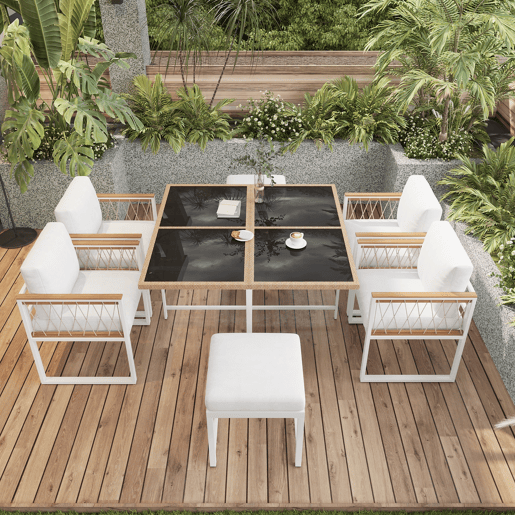 Conjunto de sala de jantar exterior de 7 peças - Mesa de vidro temperado com rebordo em rattan PE, tampo em acácia, para 6 pessoas - Natural+Branco