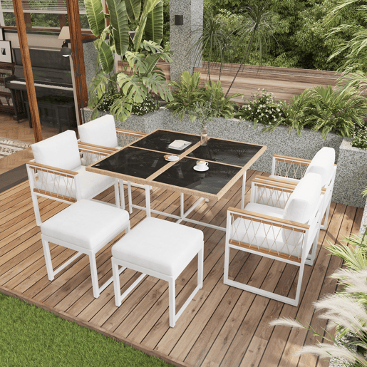 Conjunto de sala de jantar exterior de 7 peças - Mesa de vidro temperado com rebordo em rattan PE, tampo em acácia, para 6 pessoas - Natural+Branco