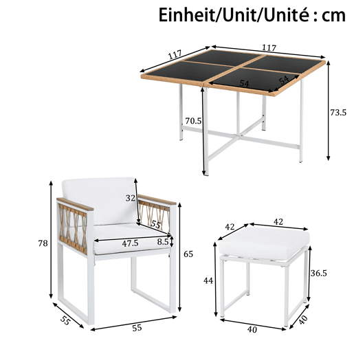 Conjunto de sala de jantar exterior de 7 peças - Mesa de vidro temperado com rebordo em rattan PE, tampo em acácia, para 6 pessoas - Natural+Branco