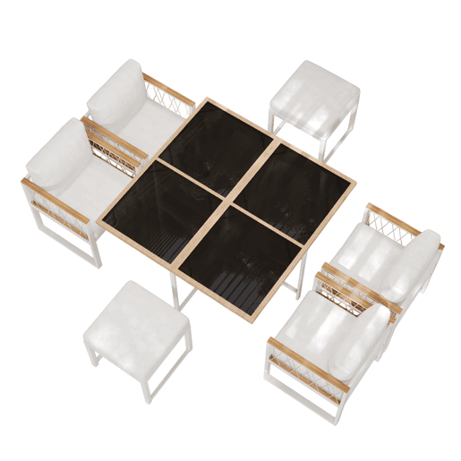 Conjunto de sala de jantar exterior de 7 peças - Mesa de vidro temperado com rebordo em rattan PE, tampo em acácia, para 6 pessoas - Natural+Branco