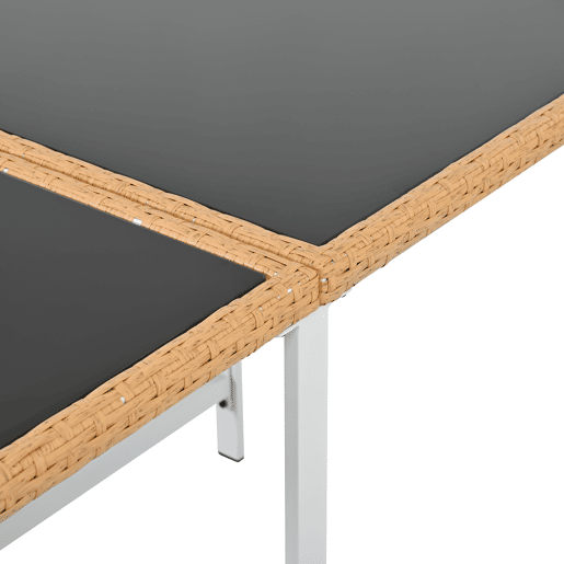 Conjunto de sala de jantar exterior de 7 peças - Mesa de vidro temperado com rebordo em rattan PE, tampo em acácia, para 6 pessoas - Natural+Branco