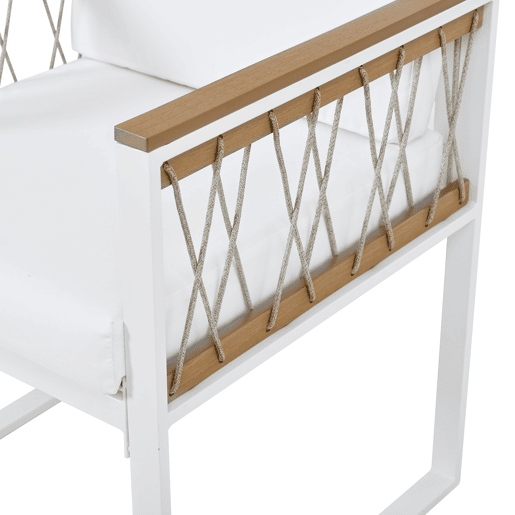 Conjunto de sala de jantar exterior de 7 peças - Mesa de vidro temperado com rebordo em rattan PE, tampo em acácia, para 6 pessoas - Natural+Branco