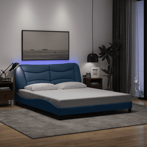 Estrutura de Cama de casal moderno com LED - 160x200 cm tecido azul