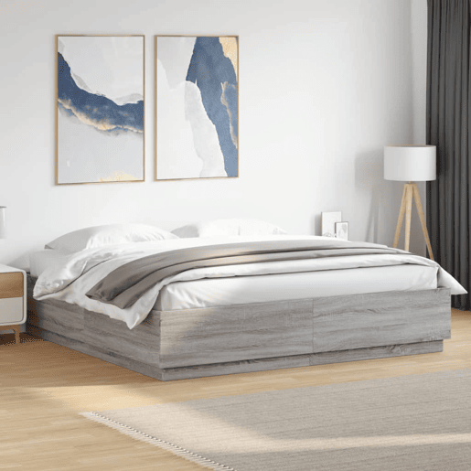 Estrutura de Cama de casal moderno c luzes LED derivados madeira cinza sonoma