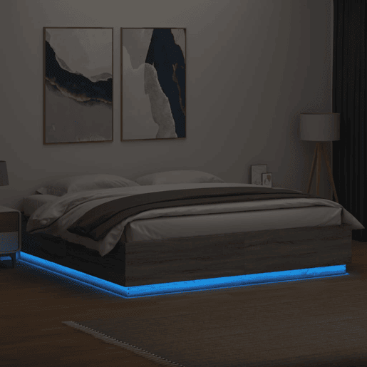 Estrutura de Cama de casal moderno c luzes LED derivados madeira cinza sonoma