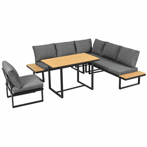 Conjunto de sala de jantar de jardim de canto - função reclinável ajustável em 5 posições (até 55°), estrutura em aço galvanizado, mesa com tampo em plástico com efeito de madeira - preto e cinzento