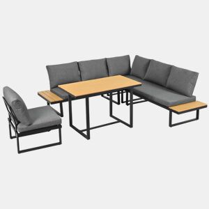 Conjunto de sala de jantar de jardim de canto - função reclinável ajustável em 5 posições (até 55°), estrutura em aço galvanizado, mesa com tampo em plástico com efeito de madeira - preto e cinzento