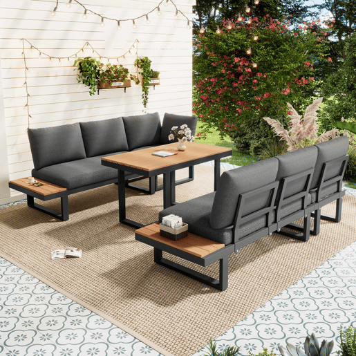 Conjunto de sala de jantar de jardim de canto - função reclinável ajustável em 5 posições (até 55°), estrutura em aço galvanizado, mesa com tampo em plástico com efeito de madeira - preto e cinzento