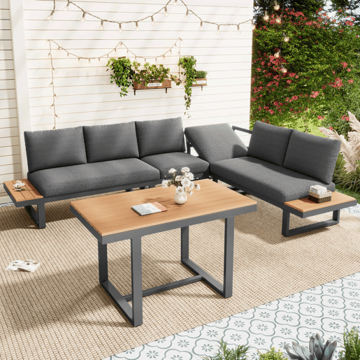 Conjunto de sala de jantar de jardim de canto - função reclinável ajustável em 5 posições (até 55°), estrutura em aço galvanizado, mesa com tampo em plástico com efeito de madeira - preto e cinzento