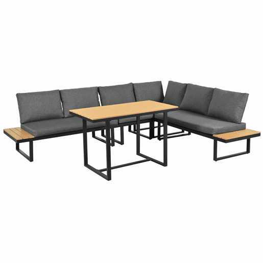 Conjunto de sala de jantar de jardim de canto - função reclinável ajustável em 5 posições (até 55°), estrutura em aço galvanizado, mesa com tampo em plástico com efeito de madeira - preto e cinzento