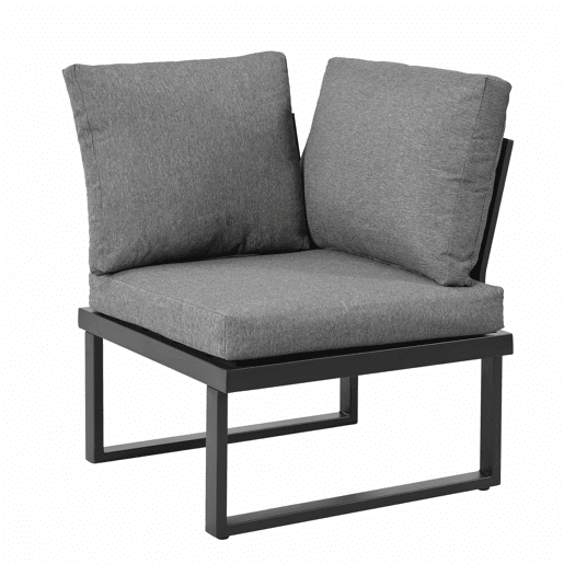 Conjunto de sala de jantar de jardim de canto - função reclinável ajustável em 5 posições (até 55°), estrutura em aço galvanizado, mesa com tampo em plástico com efeito de madeira - preto e cinzento