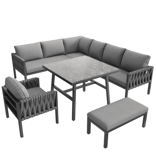 Conjunto de móveis de jardim - Sofá de canto, estrutura em ferro galvanizado, mesa em vidro temperado, cinza