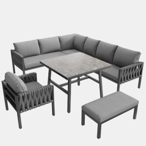 Conjunto de móveis de jardim - Sofá de canto, estrutura em ferro galvanizado, mesa em vidro temperado, cinza