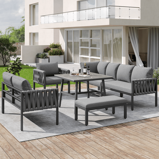 Conjunto de móveis de jardim - Sofá de canto, estrutura em ferro galvanizado, mesa em vidro temperado, cinza