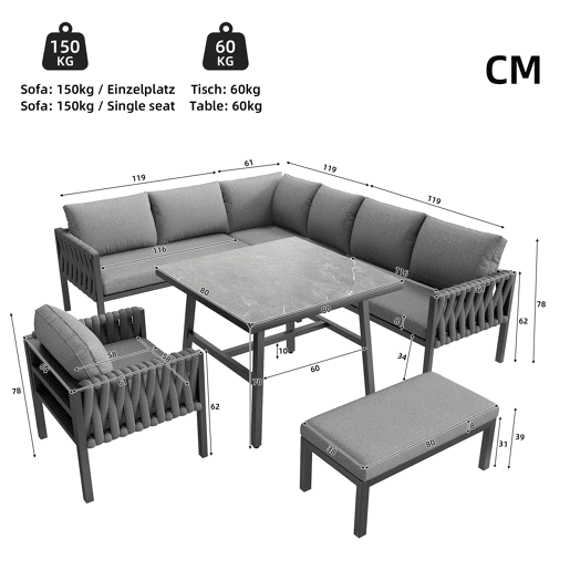 Conjunto de móveis de jardim - Sofá de canto, estrutura em ferro galvanizado, mesa em vidro temperado, cinza