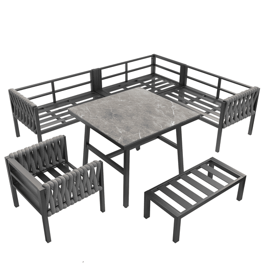 Conjunto de móveis de jardim - Sofá de canto, estrutura em ferro galvanizado, mesa em vidro temperado, cinza