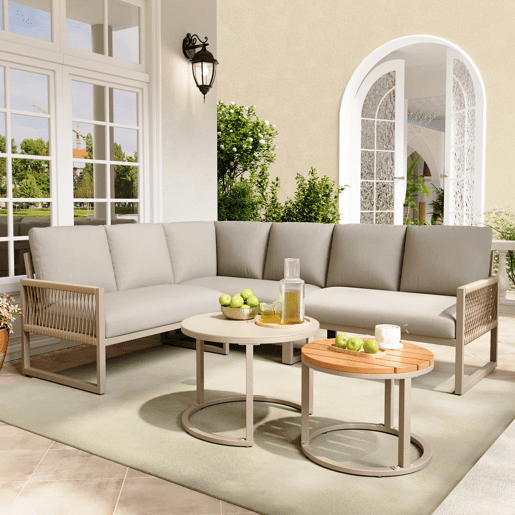 Conjunto de jardim para 6-7 pessoas - sofá de canto, estrutura em ferro galvanizado, almofadas incluídas - bege