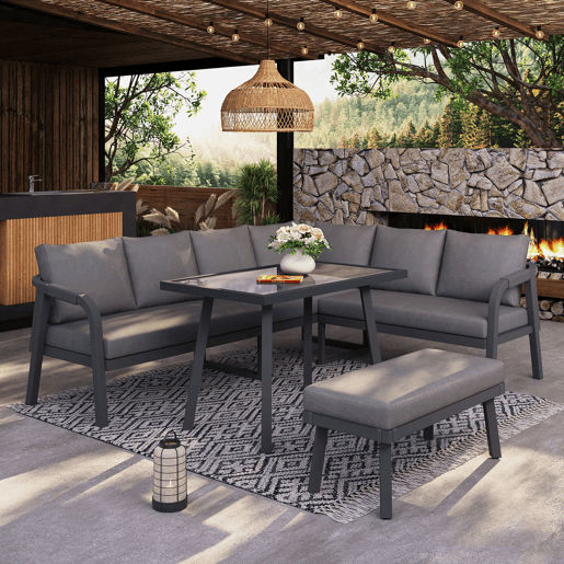 Conjunto de jantar de jardim para 8 pessoas - sofá de canto, mesa de jantar e banco, braços e encosto trançados, estrutura em aço galvanizado - cinzento