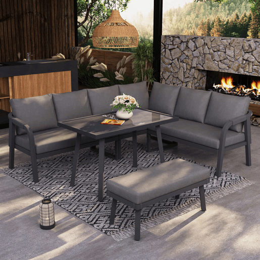 Conjunto de jantar de jardim para 8 pessoas - sofá de canto, mesa de jantar e banco, braços e encosto trançados, estrutura em aço galvanizado - cinzento