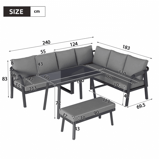 Conjunto de jantar de jardim para 8 pessoas - sofá de canto, mesa de jantar e banco, braços e encosto trançados, estrutura em aço galvanizado - cinzento