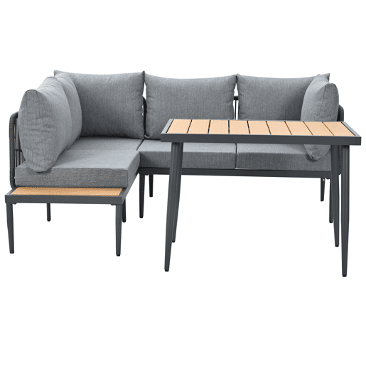 Conjunto de sala de jantar de jardim com 5 peças - Sofás de canto + mesa de jantar, estrutura em aço galvanizado, mesa em plástico e madeira, cinzento
