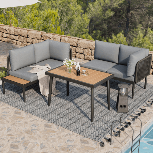 Conjunto de sala de jantar de jardim com 5 peças - Sofás de canto + mesa de jantar, estrutura em aço galvanizado, mesa em plástico e madeira, cinzento