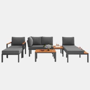 Conjunto de mobiliário de exterior modular - combinação livre, estrutura metálica robusta, almofadas respiráveis e mesas de madeira - cinzento