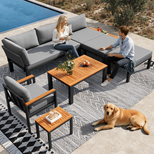 Conjunto de mobiliário de exterior modular - combinação livre, estrutura metálica robusta, almofadas respiráveis e mesas de madeira - cinzento